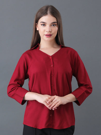 Women's Maroon Button Down Shirt with 3/4 Sleeves