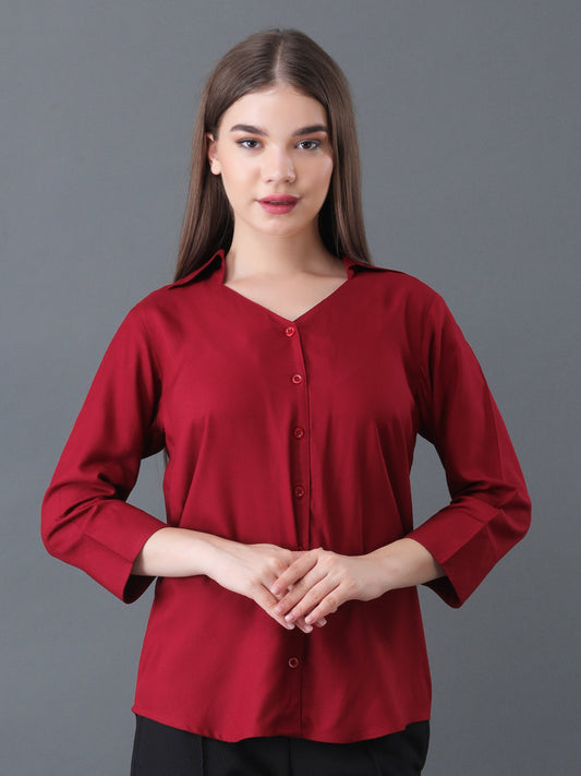 Women's Maroon Button Down Shirt with 3/4 Sleeves