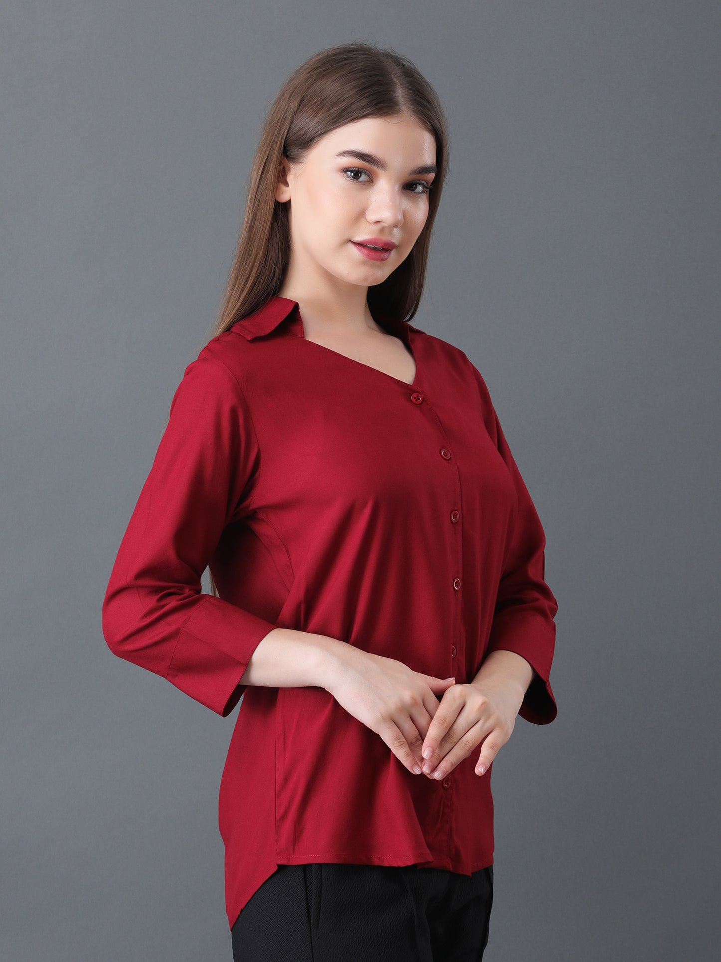 Women's Maroon Button Down Shirt with 3/4 Sleeves