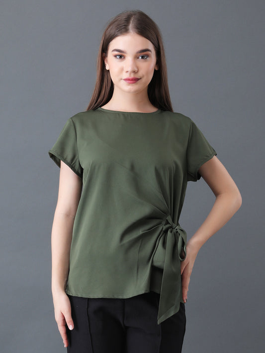 Olive Green Short Sleeve Top with Side Tie for Women