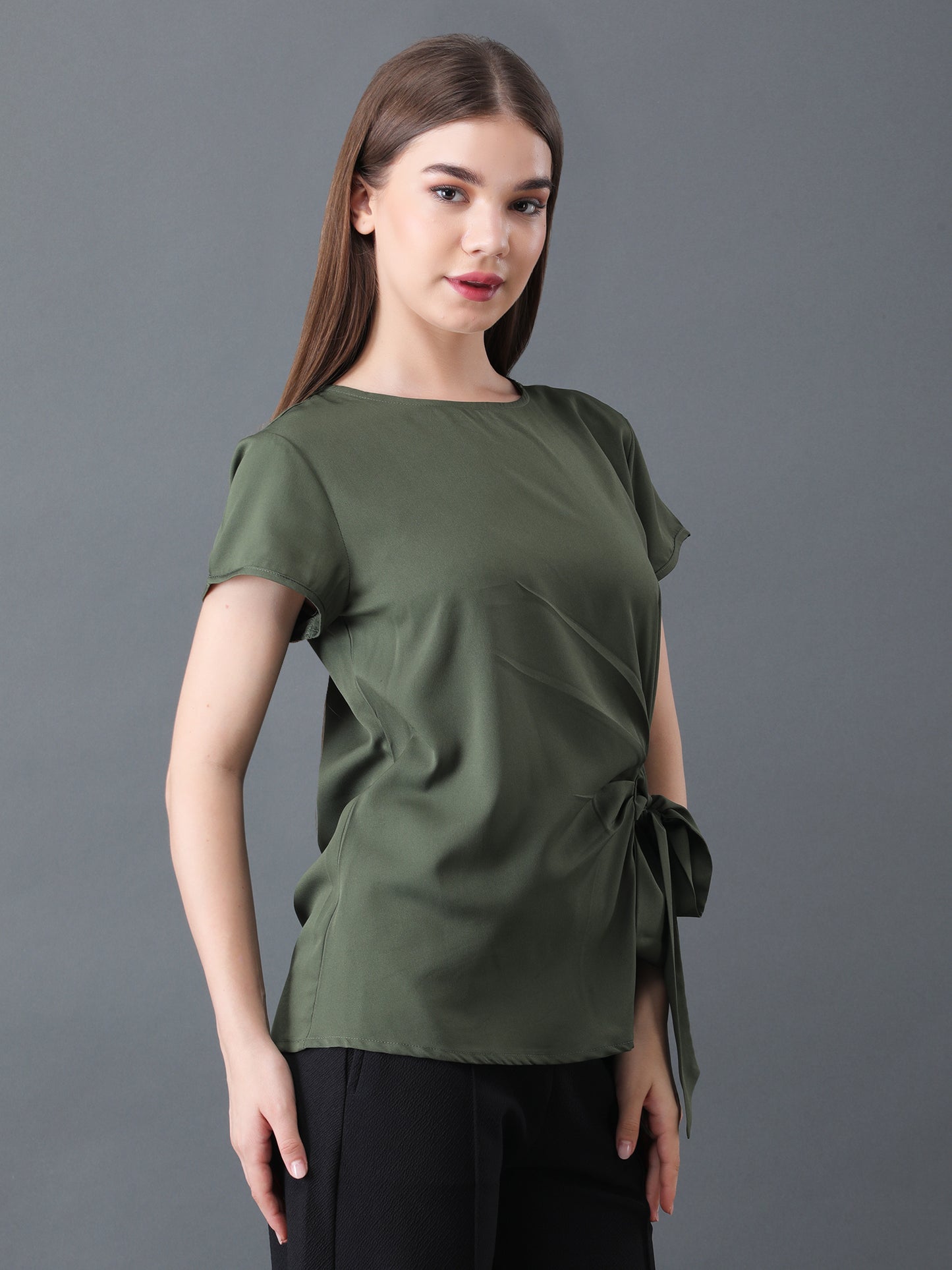 Olive Green Short Sleeve Top with Side Tie for Women