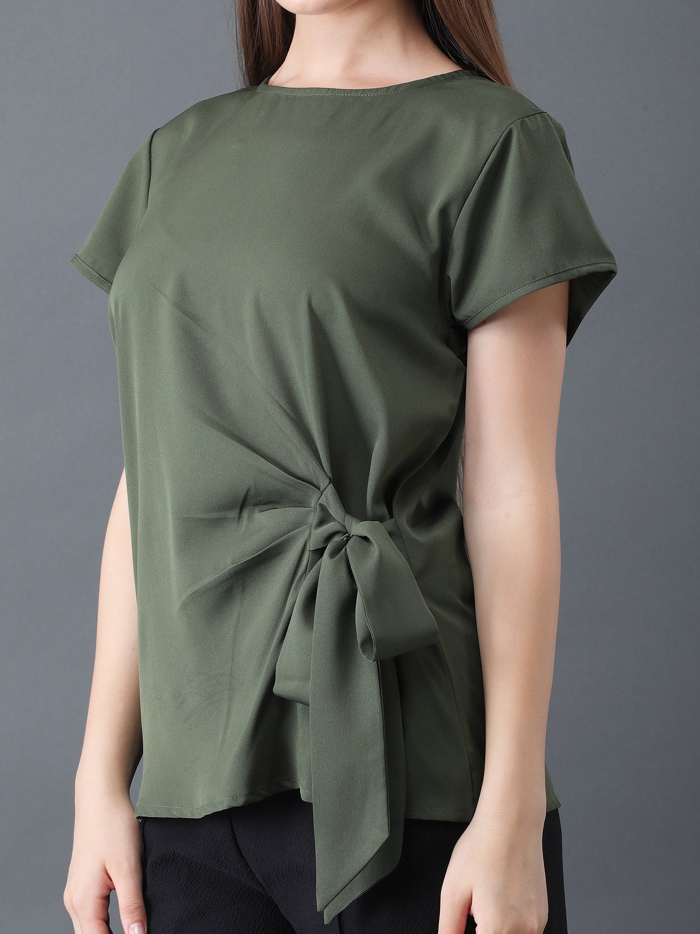 Olive Green Short Sleeve Top with Side Tie for Women