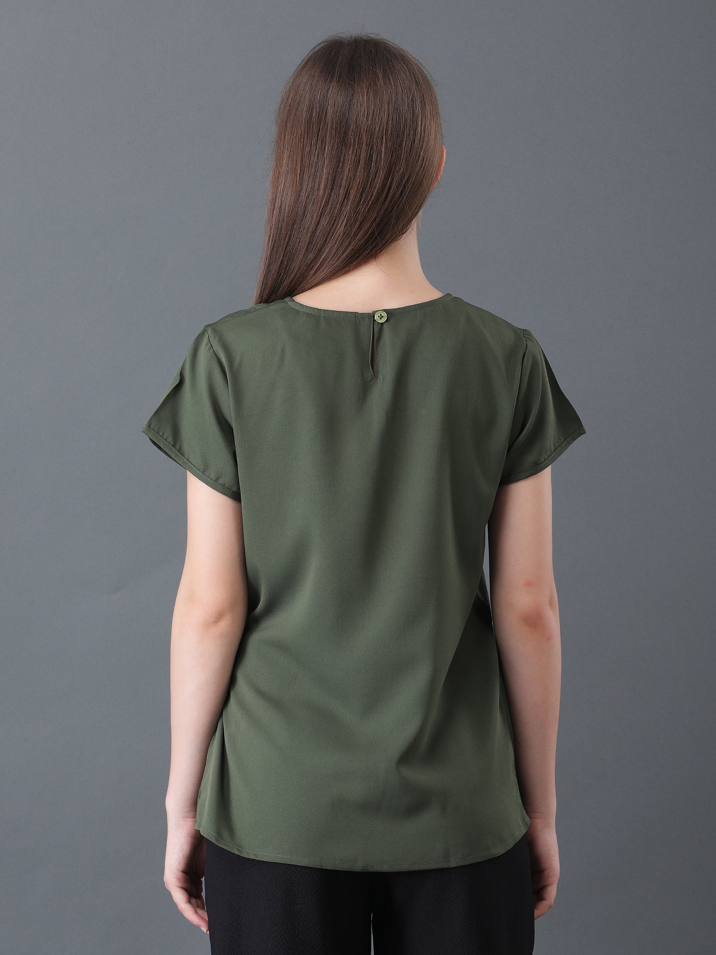Olive Green Short Sleeve Top with Side Tie for Women