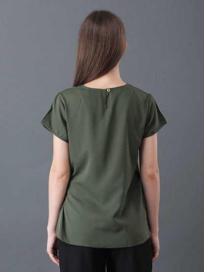 Olive Green Short Sleeve Top with Side Tie for Women