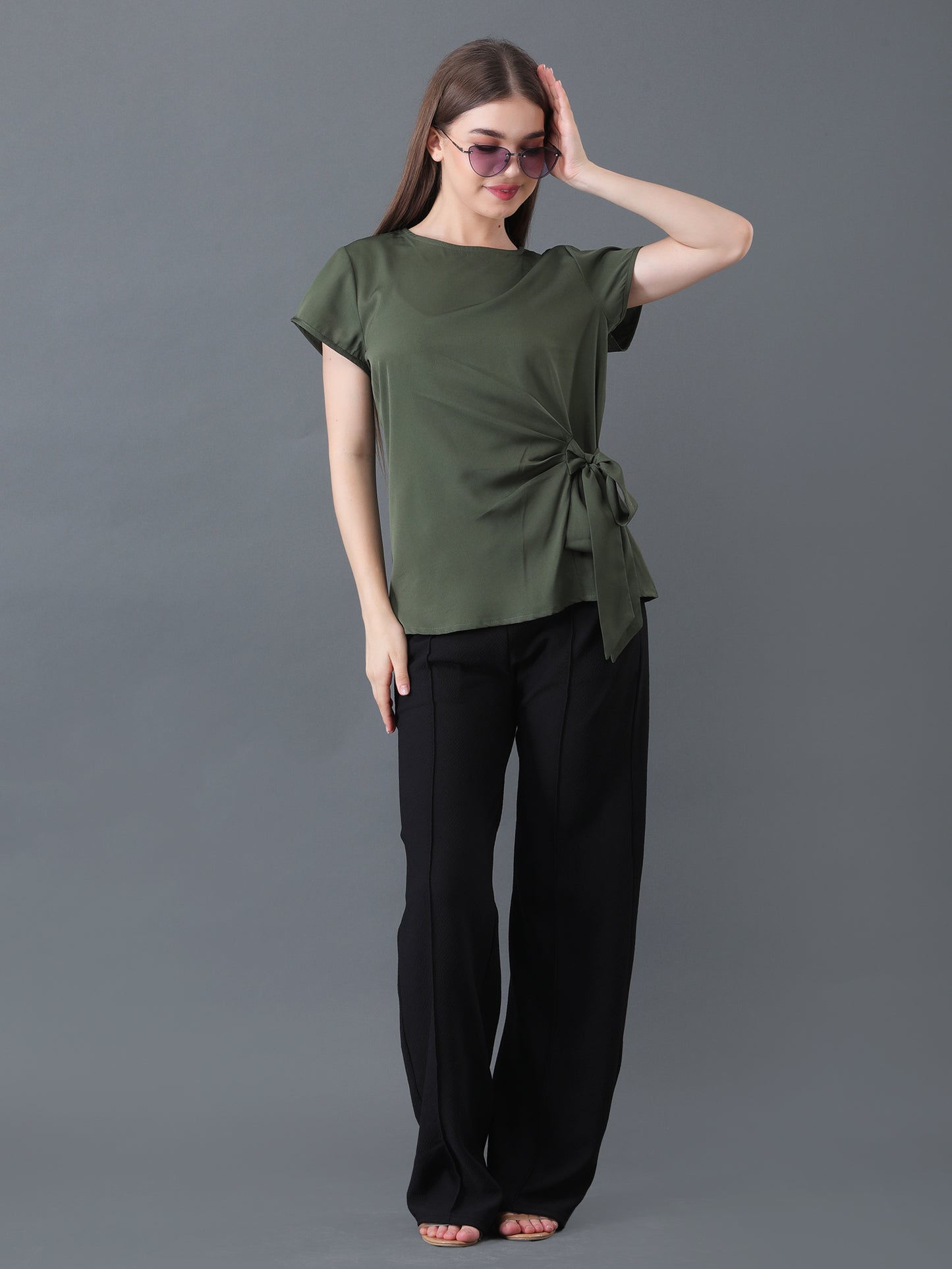Olive Green Short Sleeve Top with Side Tie for Women