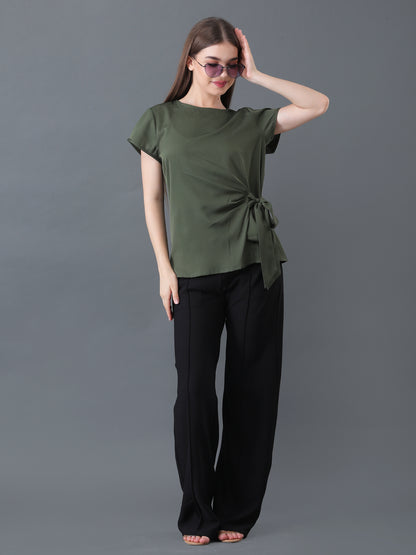 Olive Green Short Sleeve Top with Side Tie for Women