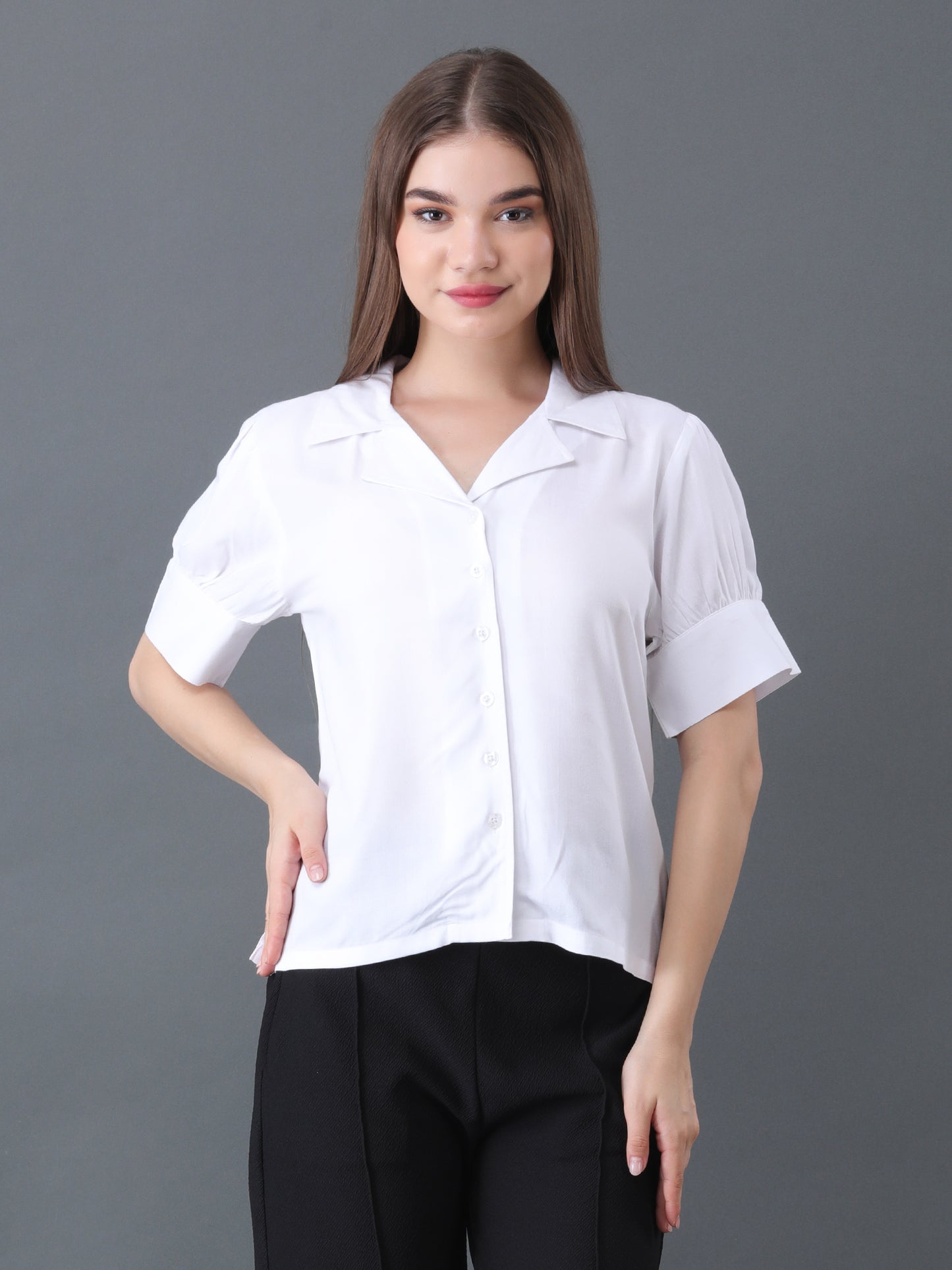 Women's White Button Down Shirt with Short Sleeves