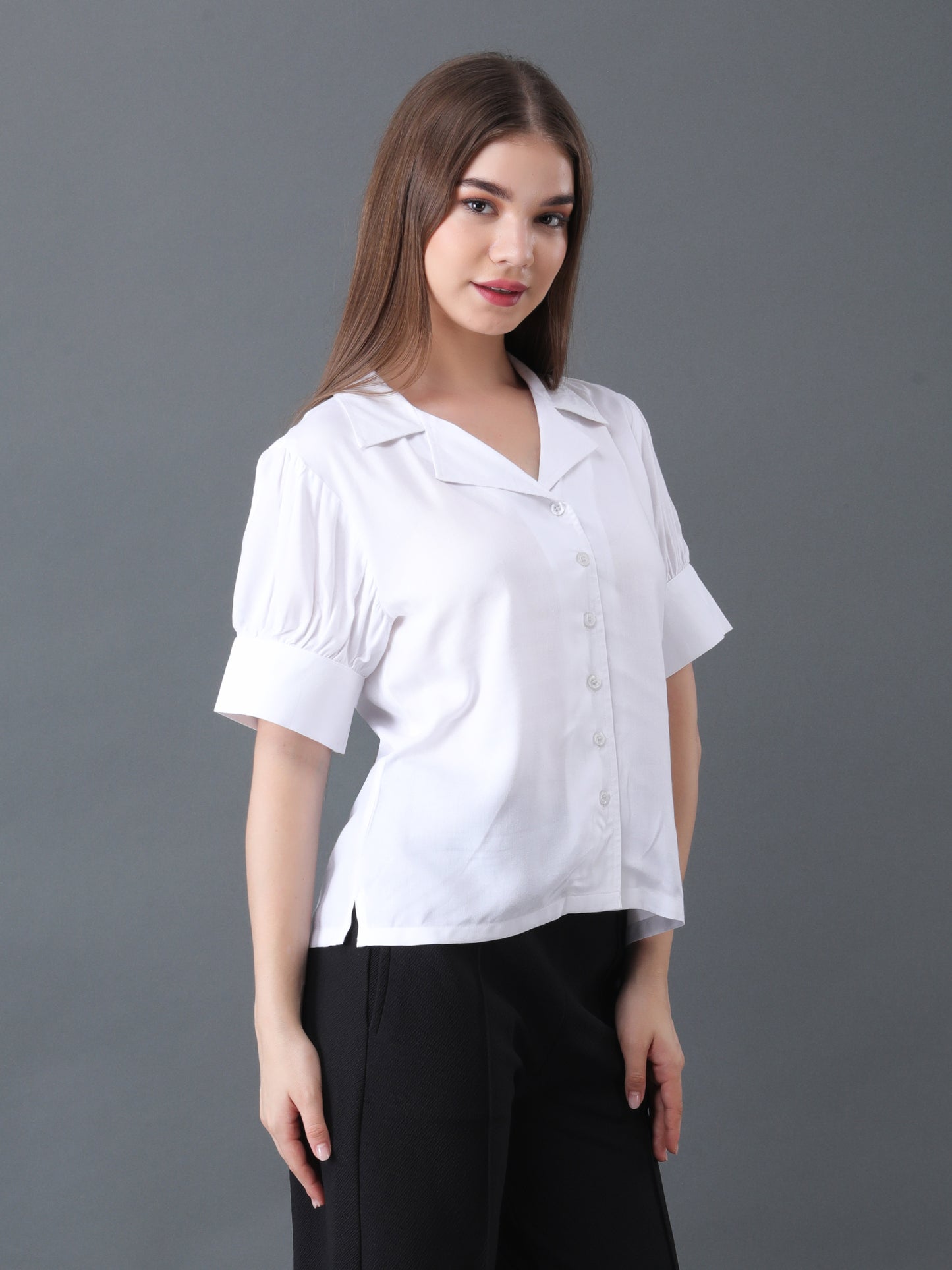 Women's White Button Down Shirt with Short Sleeves