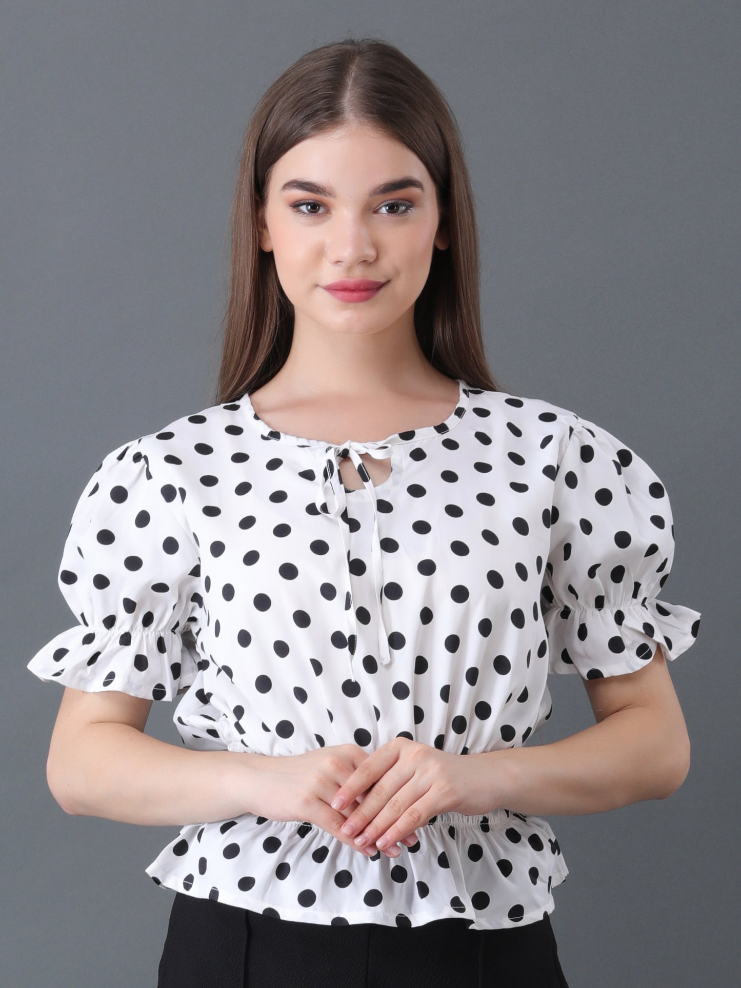 Women's White Polka Dot Short Sleeve Peplum Top