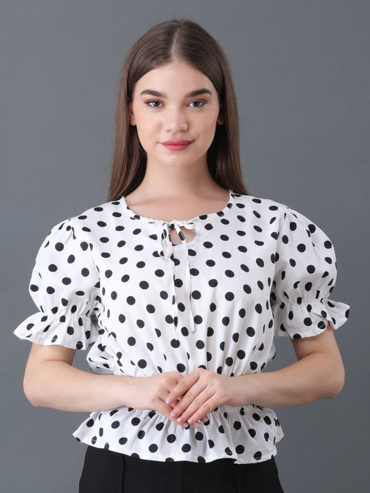 Women's White Polka Dot Short Sleeve Peplum Top