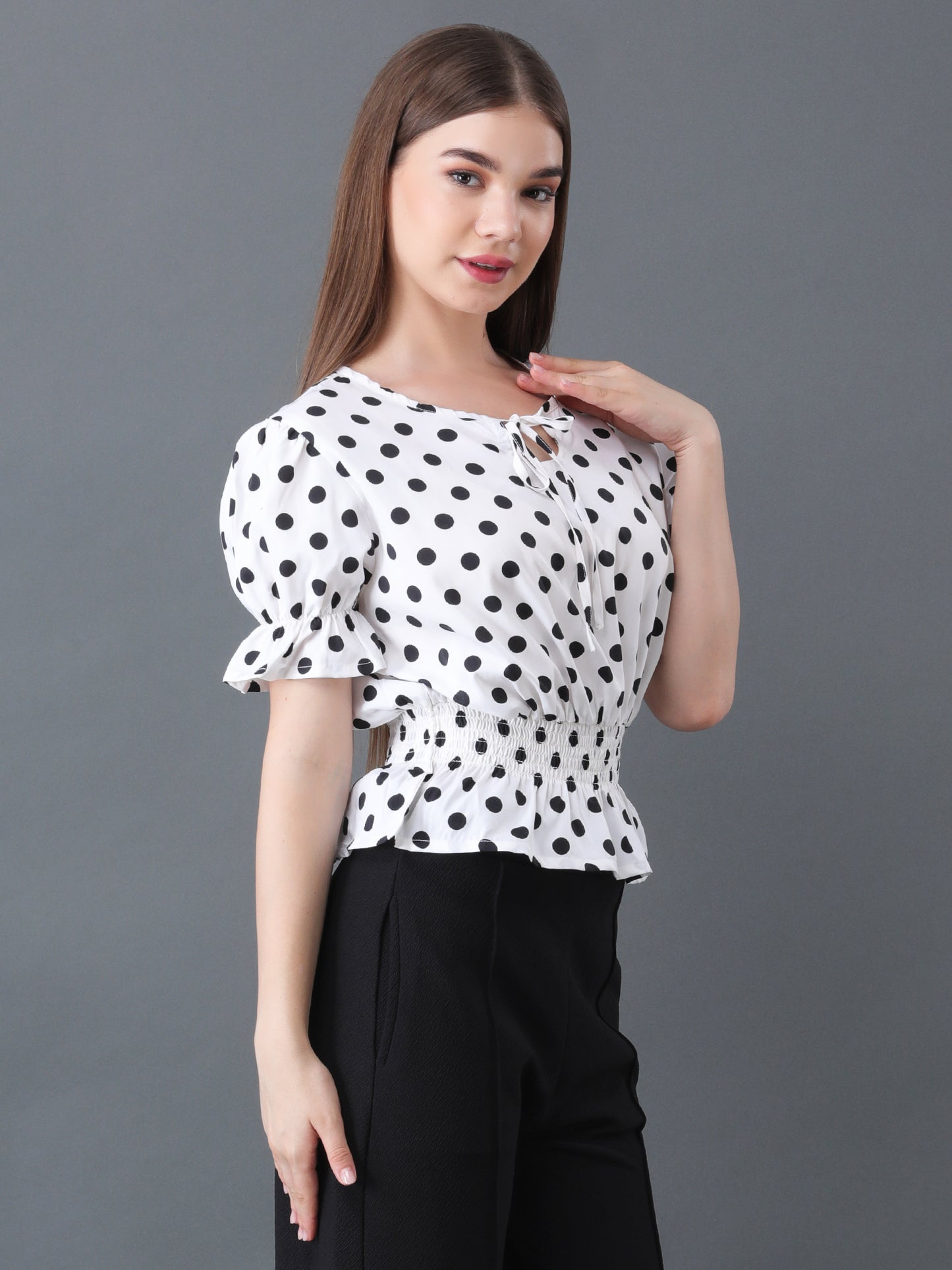 Women's White Polka Dot Short Sleeve Peplum Top