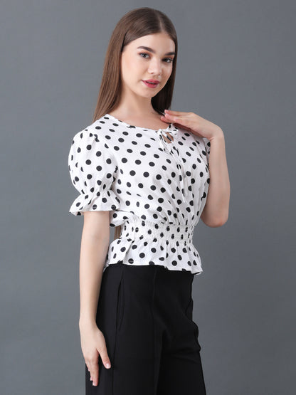Women's White Polka Dot Short Sleeve Peplum Top