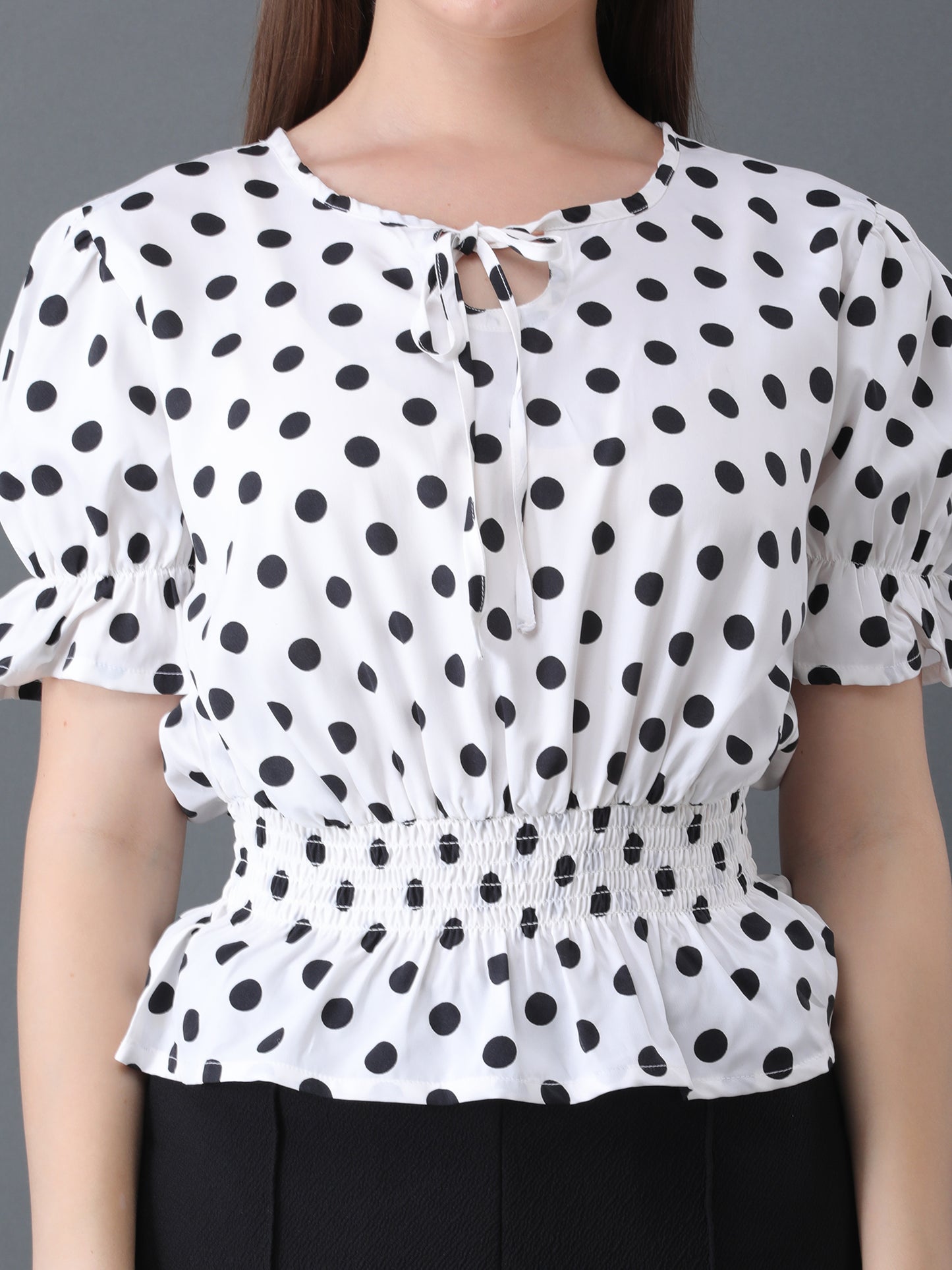 Women's White Polka Dot Short Sleeve Peplum Top