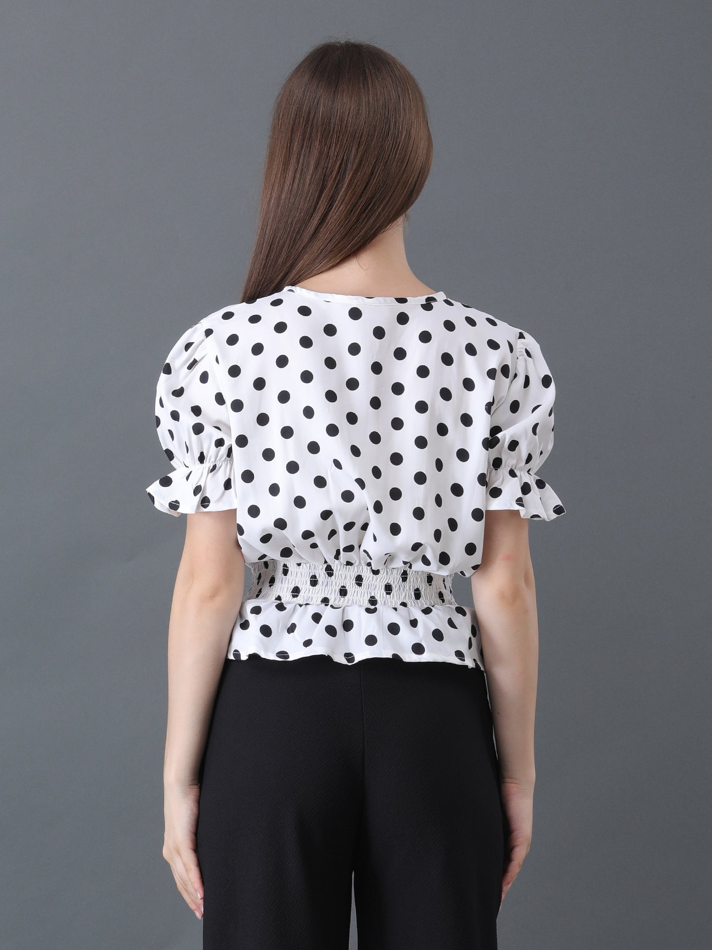Women's White Polka Dot Short Sleeve Peplum Top