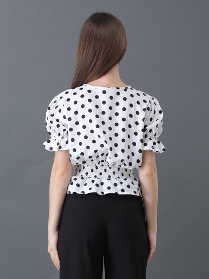 Women's White Polka Dot Short Sleeve Peplum Top