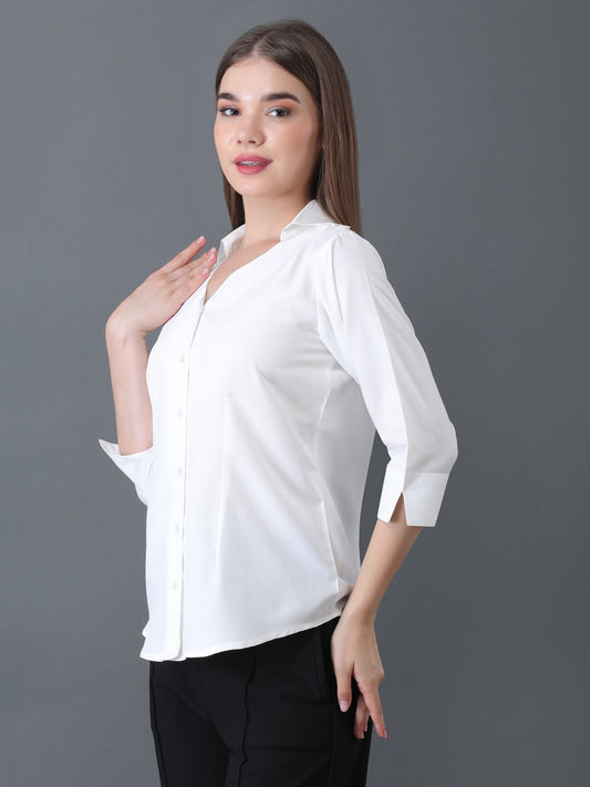 Women's White Button Down Shirt with 3/4 Sleeves