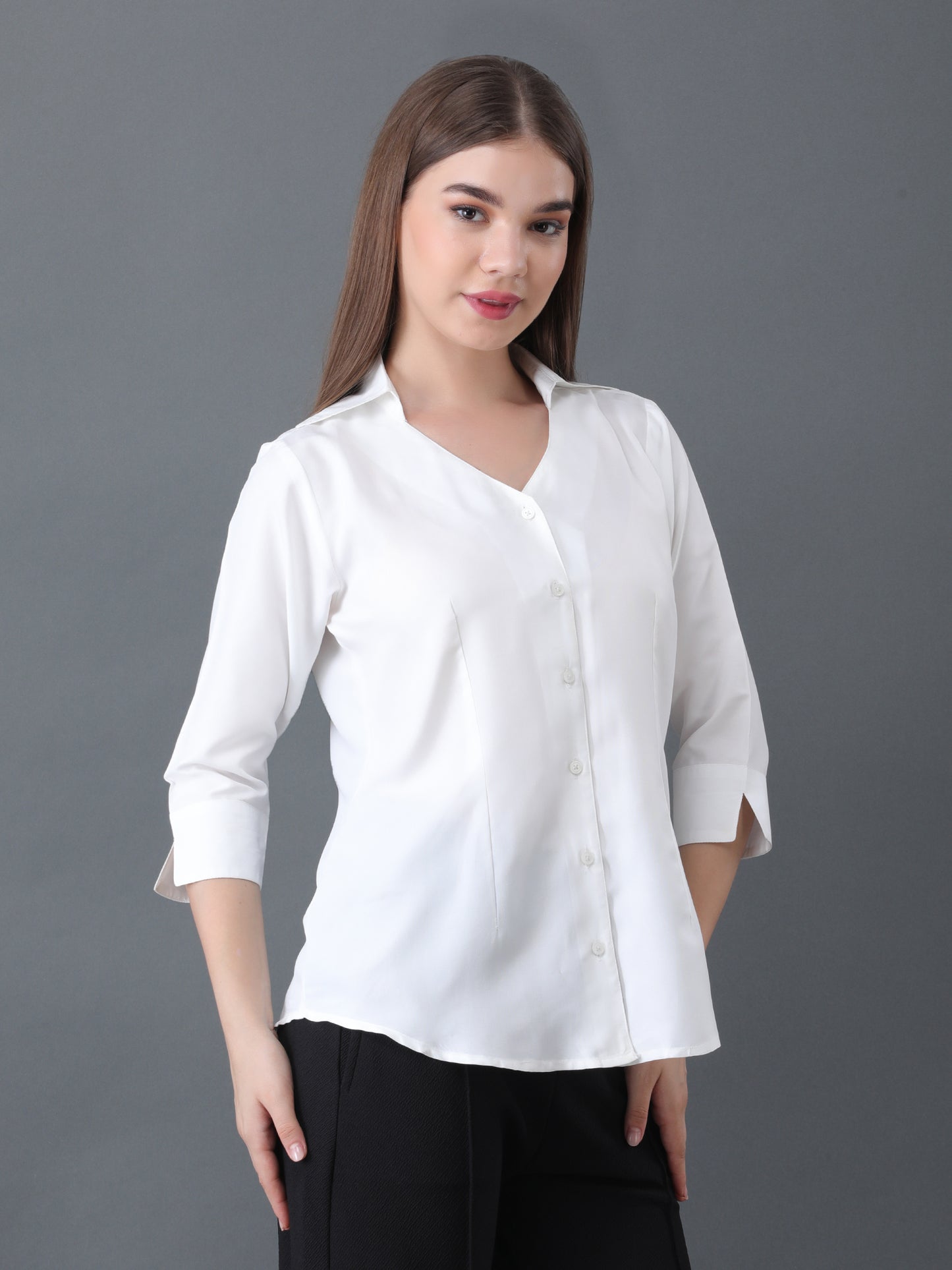 Women's White Button Down Shirt with 3/4 Sleeves