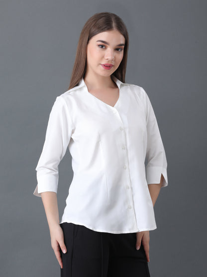 Women's White Button Down Shirt with 3/4 Sleeves