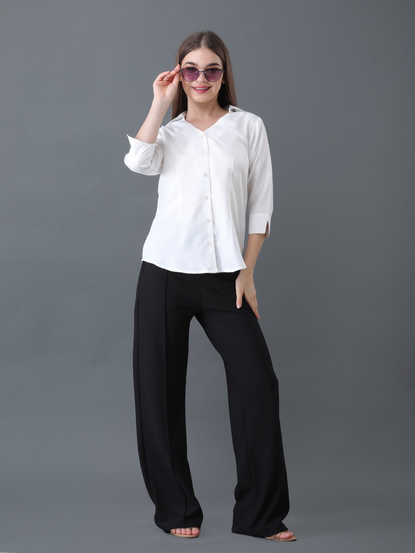 Women's White Button Down Shirt with 3/4 Sleeves