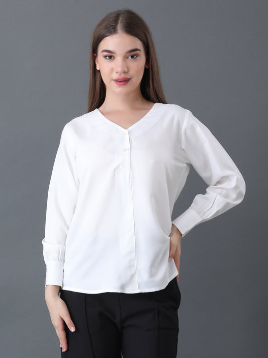 Women's White V-Neck Long Sleeve Shirt