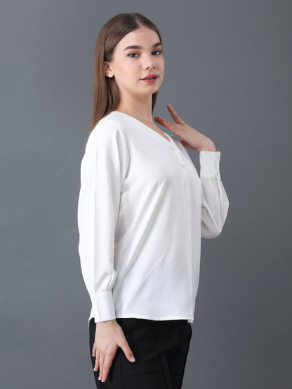 Women's White V-Neck Long Sleeve Shirt