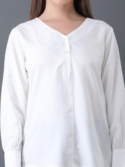 Women's White V-Neck Long Sleeve Shirt
