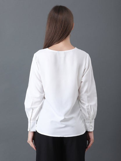 Women's White V-Neck Long Sleeve Shirt
