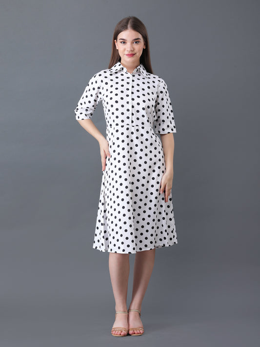 Women's White Polka Dot A-Line Midi Shirt Dress