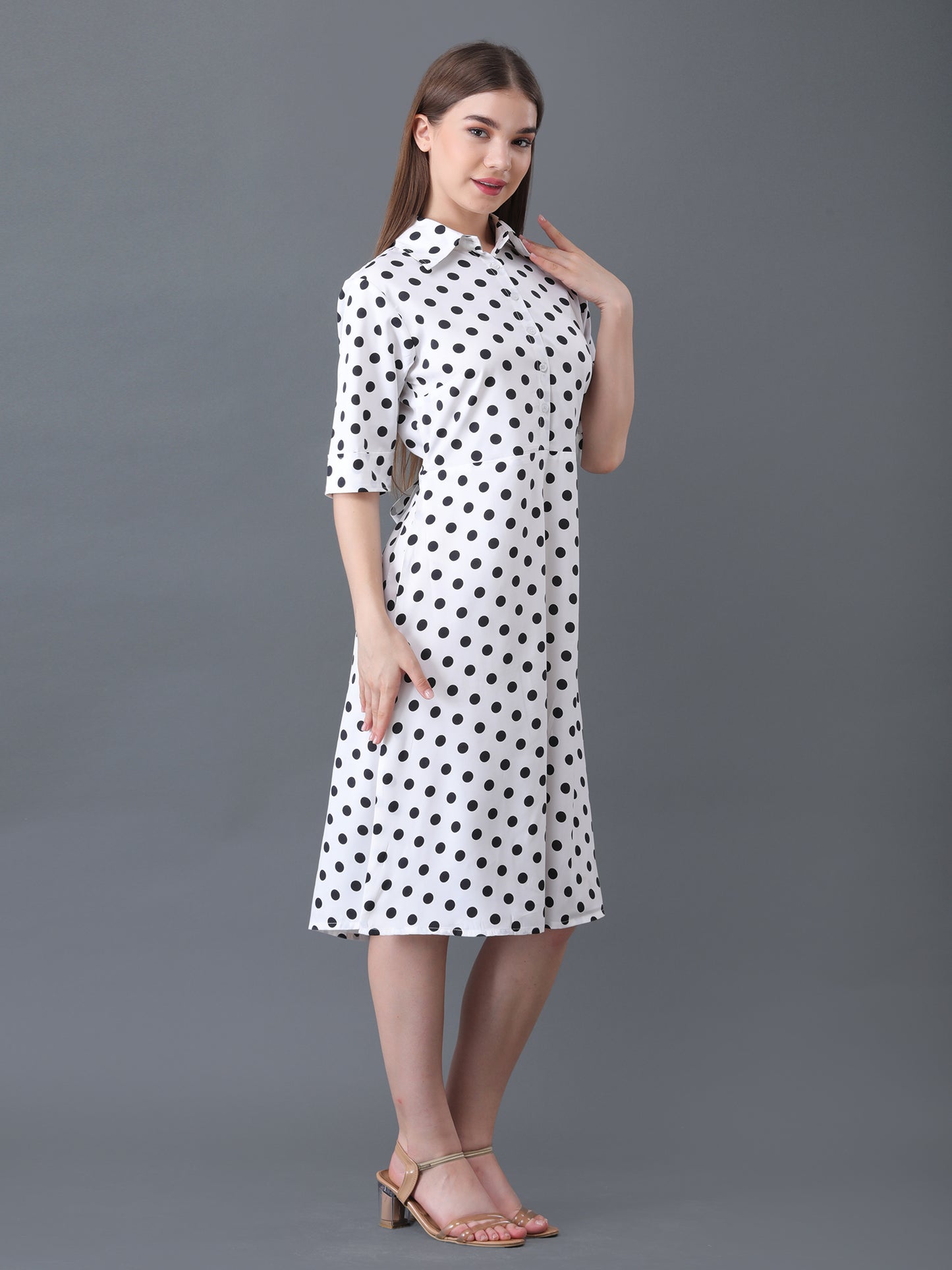 Women's White Polka Dot A-Line Midi Shirt Dress