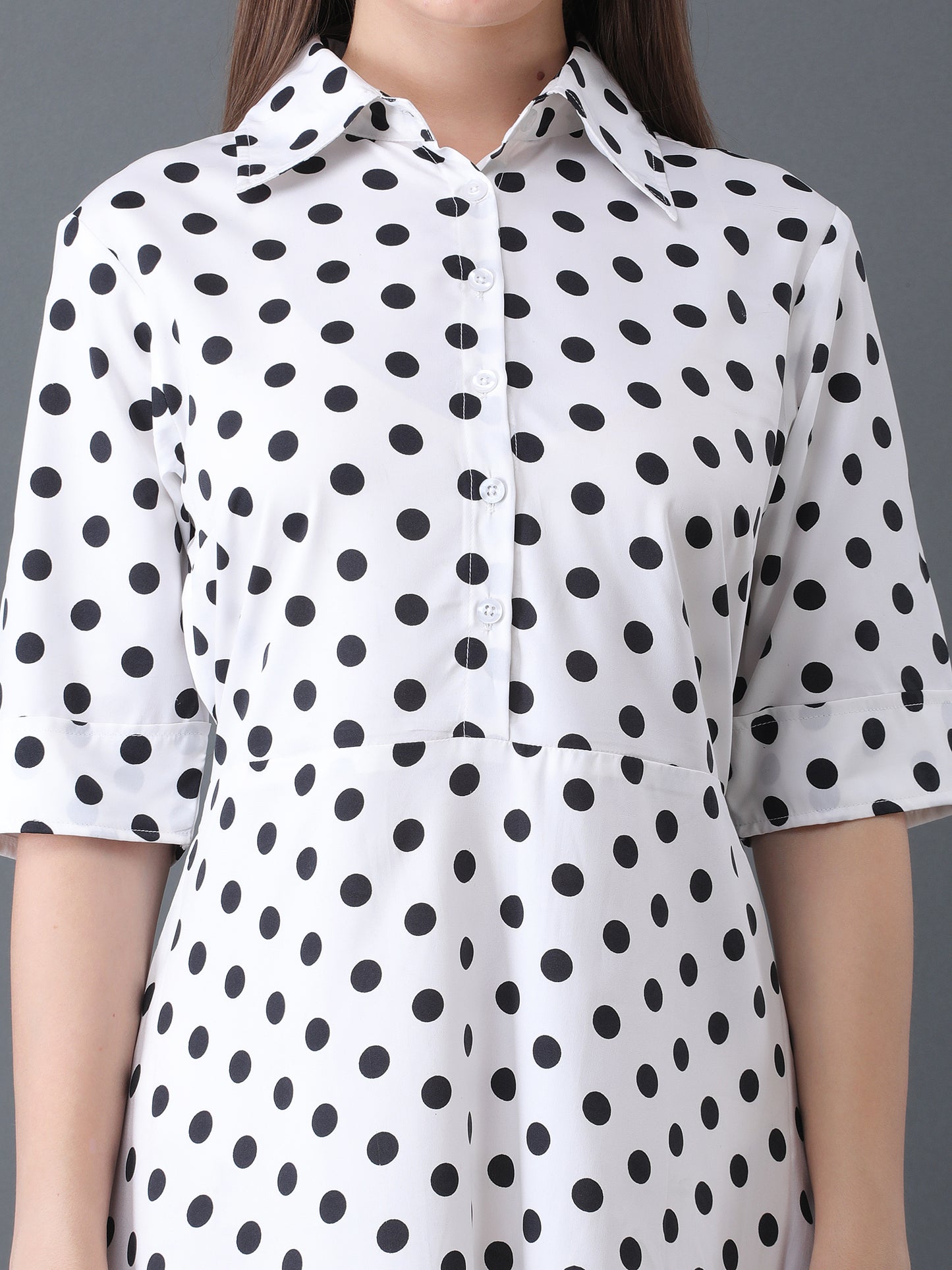 Women's White Polka Dot A-Line Midi Shirt Dress