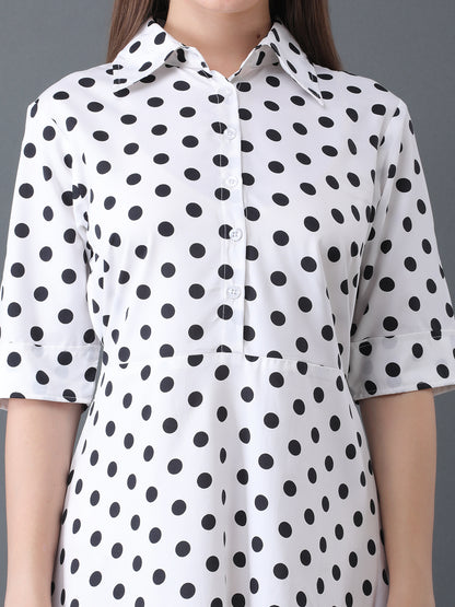 Women's White Polka Dot A-Line Midi Shirt Dress