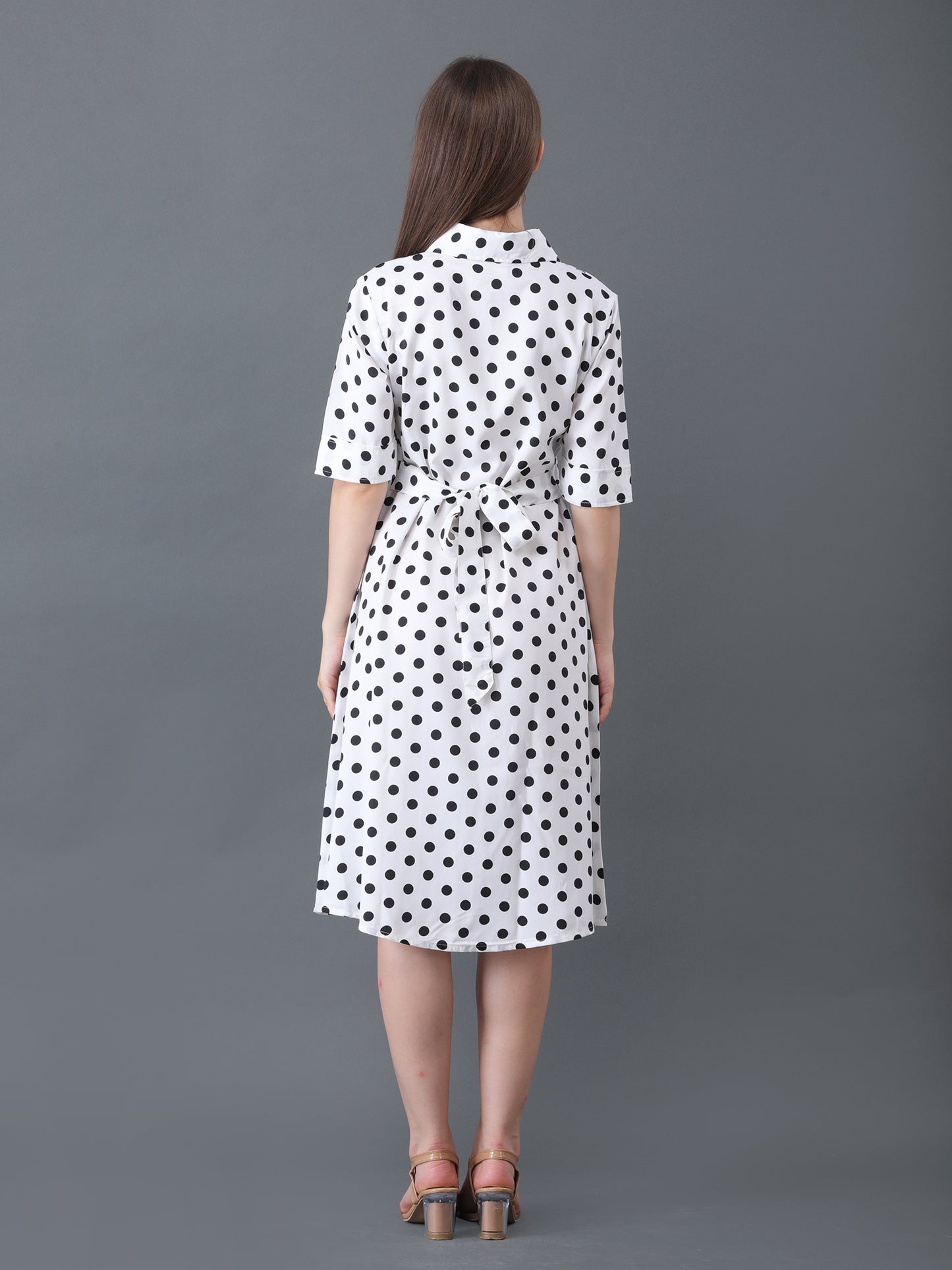 Women's White Polka Dot A-Line Midi Shirt Dress