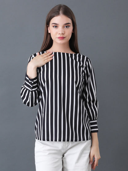 Women's Black and White Vertical Stripe Long Sleeve Top