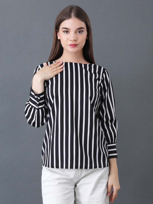 Women's Black and White Vertical Stripe Long Sleeve Top