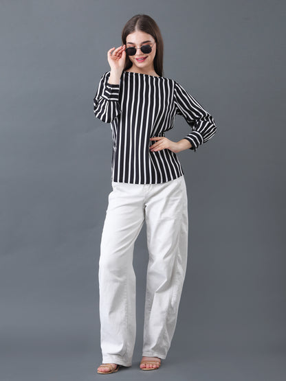 Women's Black and White Vertical Stripe Long Sleeve Top