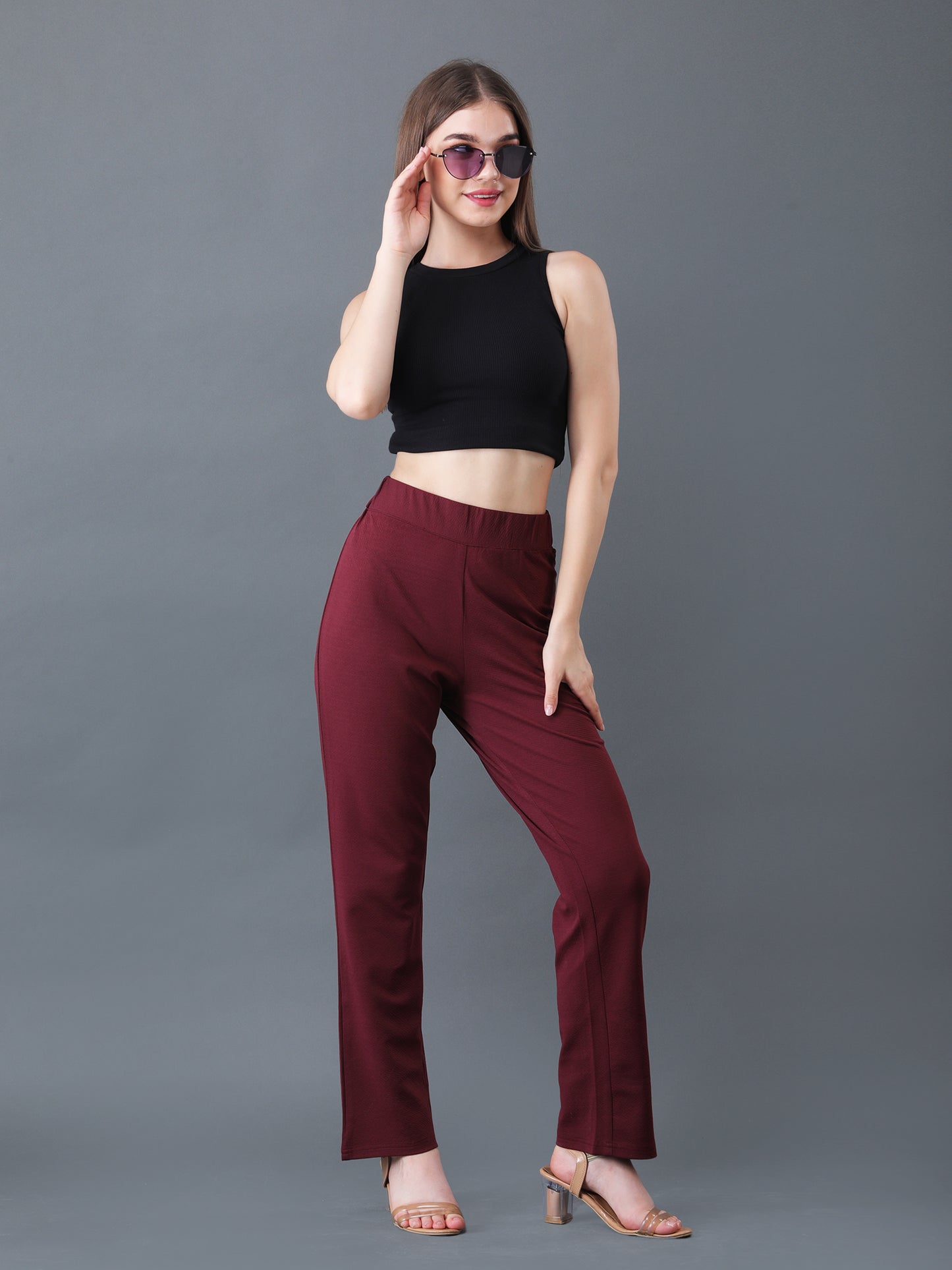 Women's Maroon Straight Fit High Waist Lower