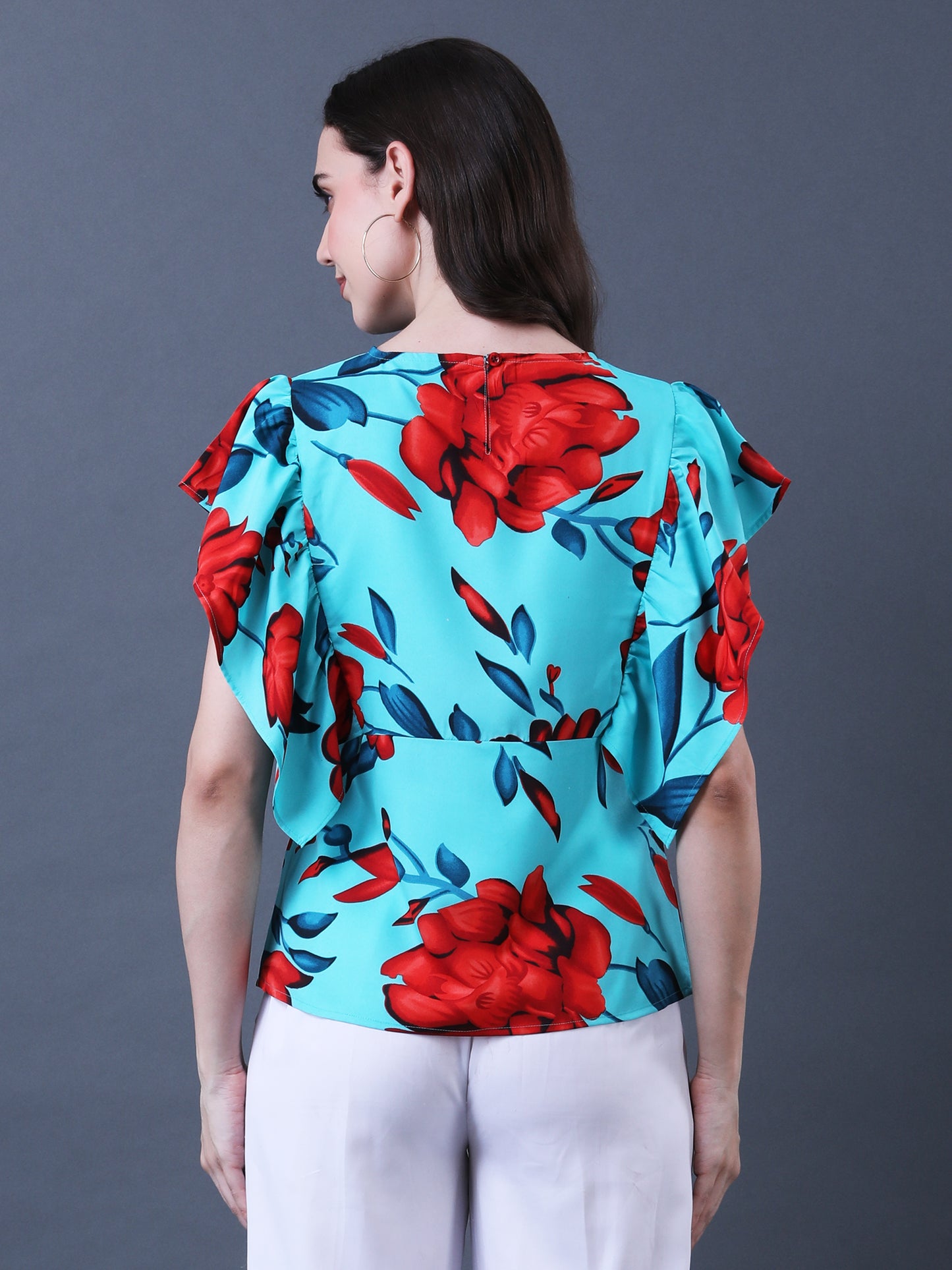 Women's Green and Red Floral Print Flutter Sleeve Top
