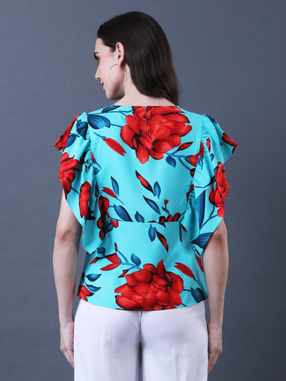 Women's Green and Red Floral Print Flutter Sleeve Top