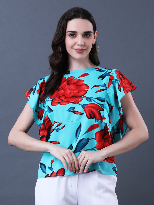 Women's Green and Red Floral Print Flutter Sleeve Top