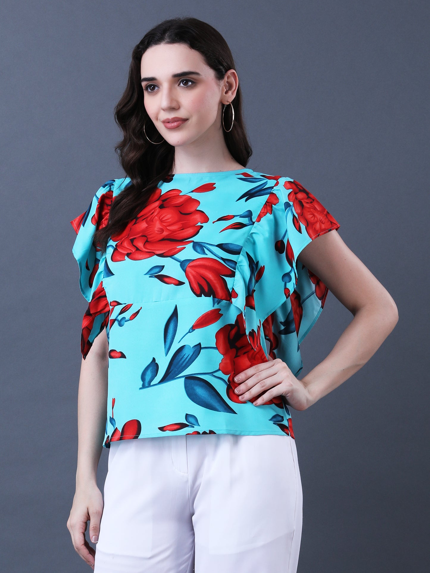 Women's Green and Red Floral Print Flutter Sleeve Top
