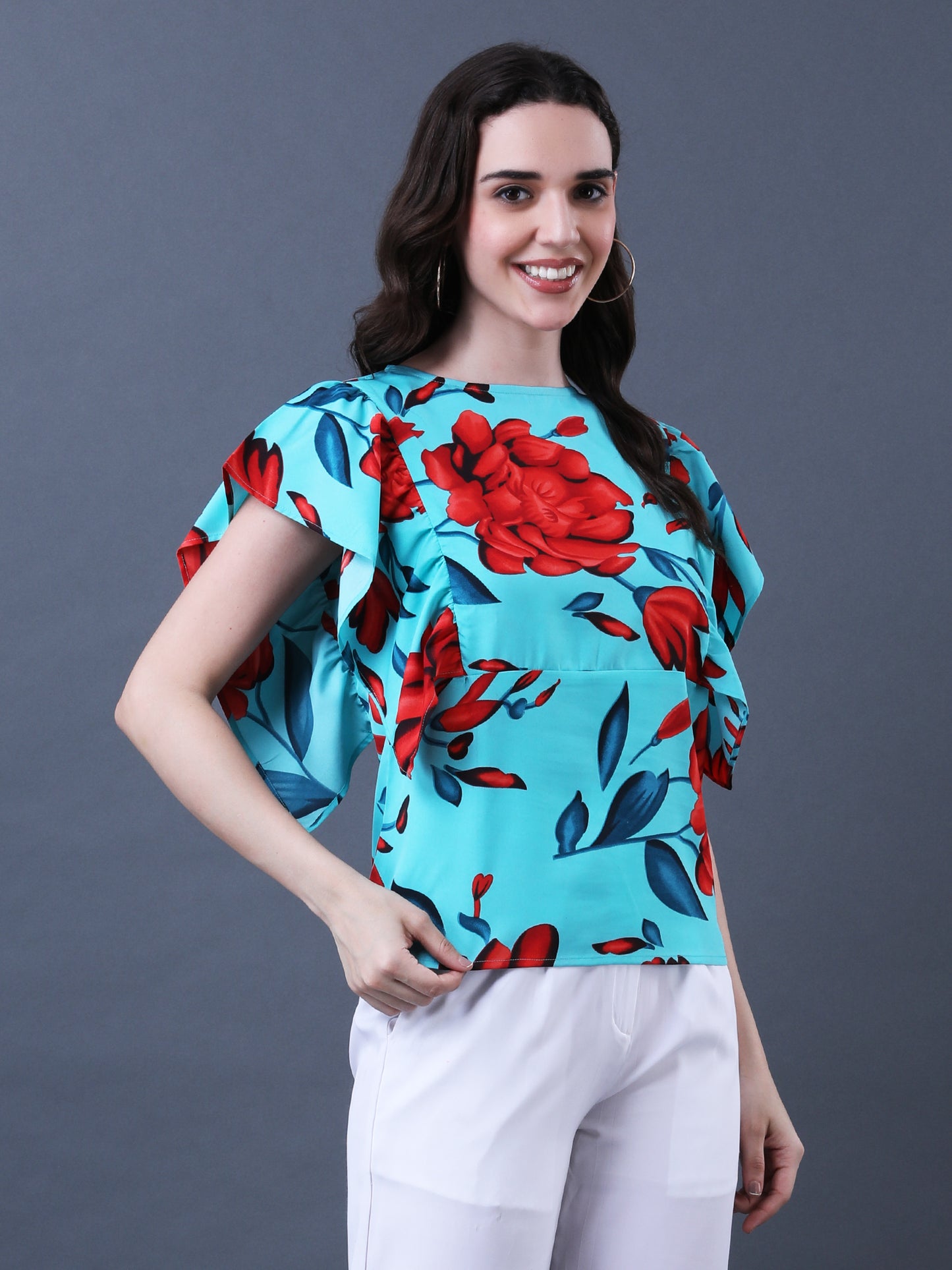 Women's Green and Red Floral Print Flutter Sleeve Top