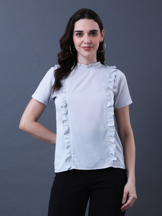 Women's Light Grey Ruffled Short Sleeve Top