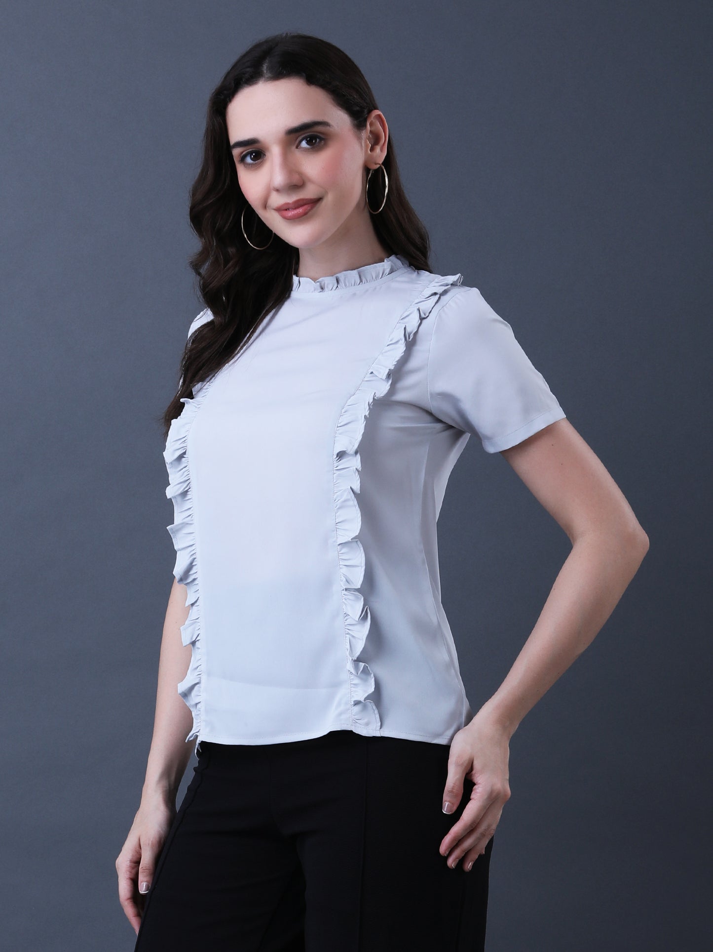 Women's Light Grey Ruffled Short Sleeve Top