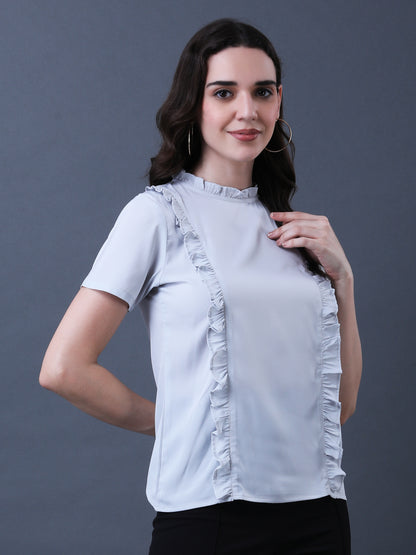 Women's Light Grey Ruffled Short Sleeve Top