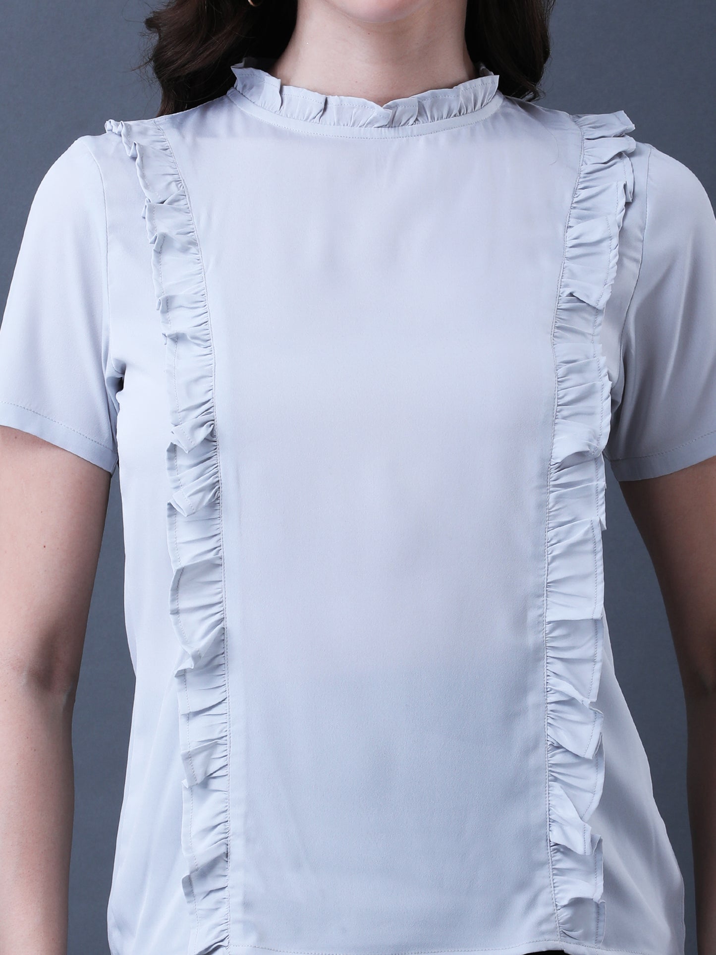 Women's Light Grey Ruffled Short Sleeve Top