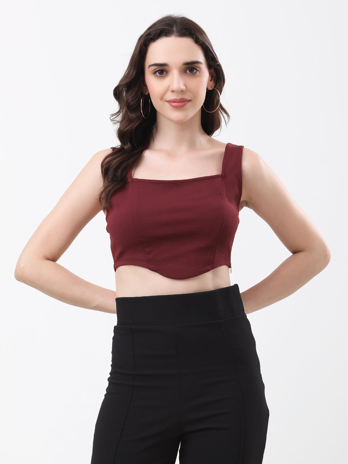 Women's Maroon Scoop Neck Sleeveless Crop Top