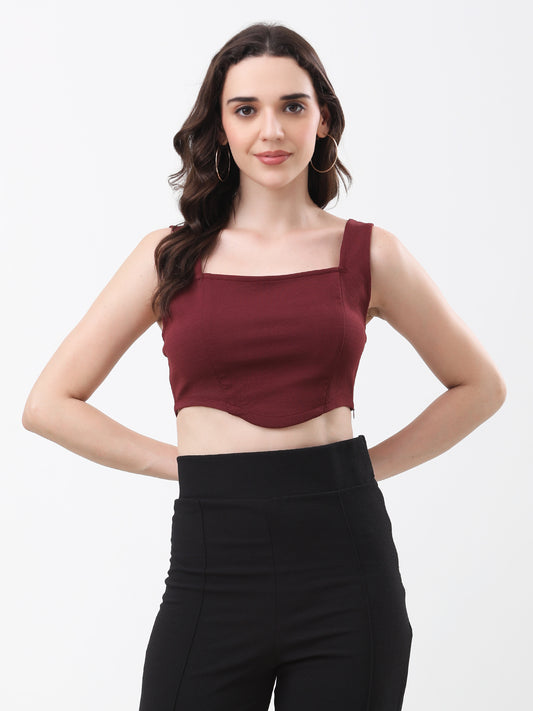 Women's Maroon Scoop Neck Sleeveless Crop Top