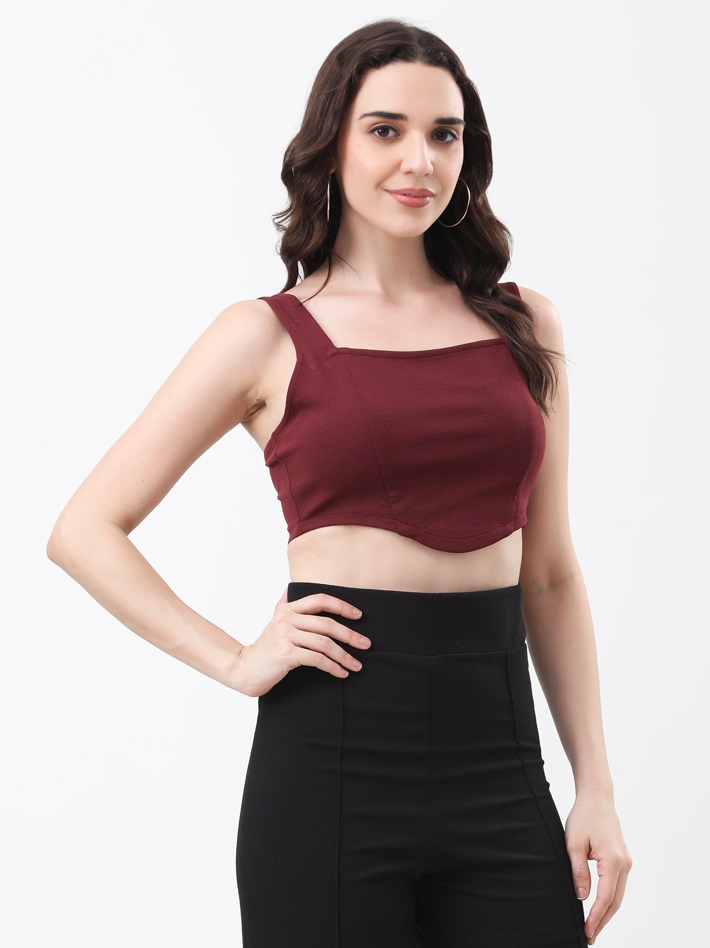 Women's Maroon Scoop Neck Sleeveless Crop Top
