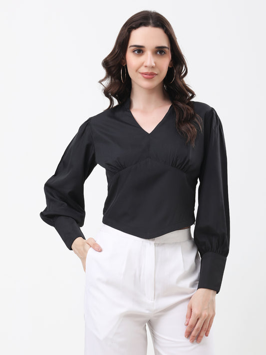 Women's Black V-Neck Long Sleeve Crop Top