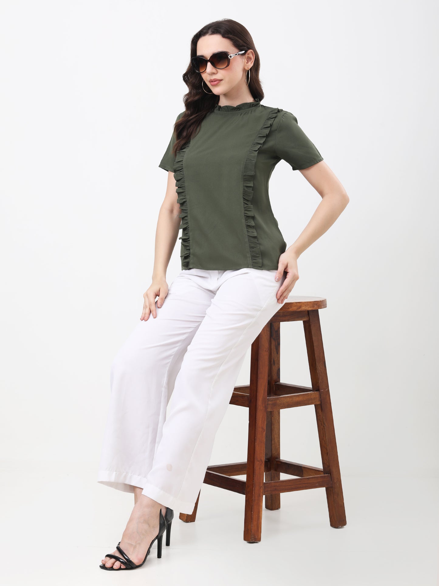 Women's Olive Green Ruffled Short Sleeve Top
